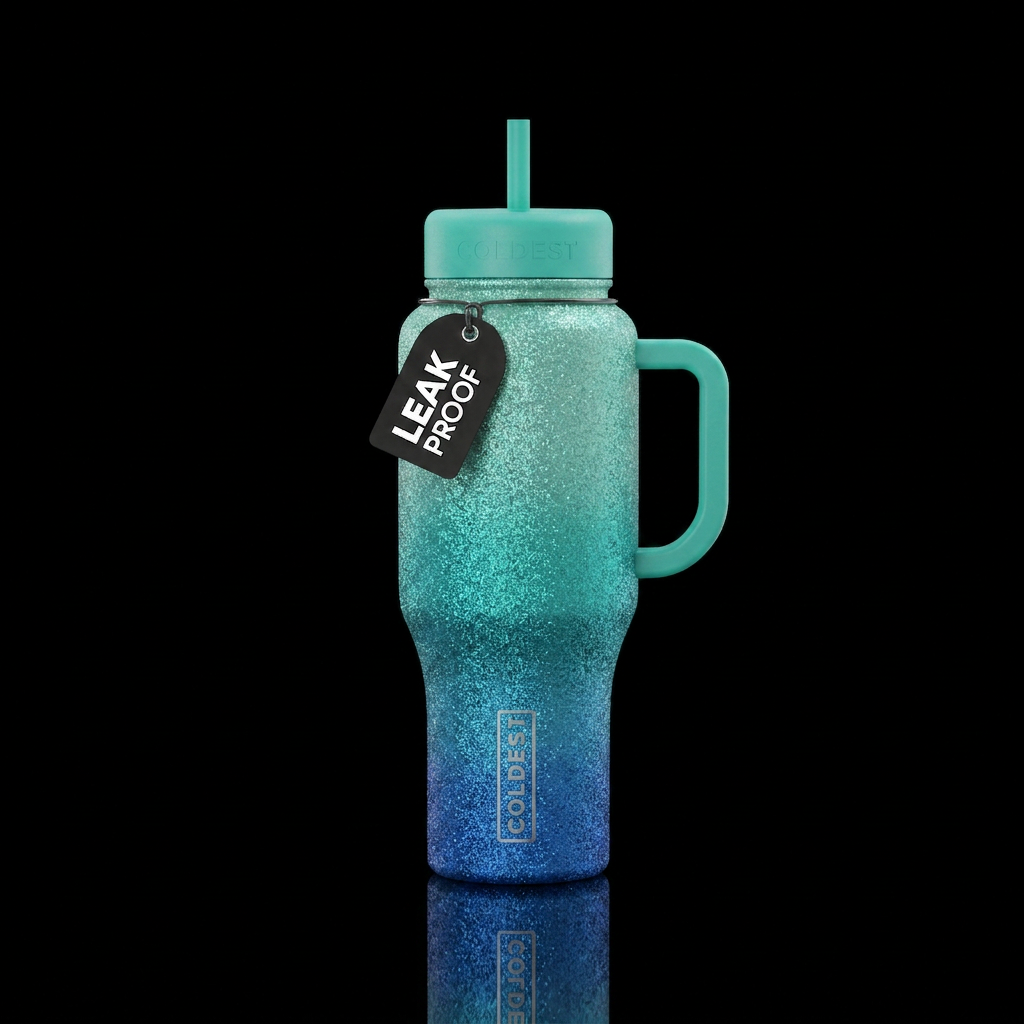 A tri color blue green glitter ombré bottle with water bottle design