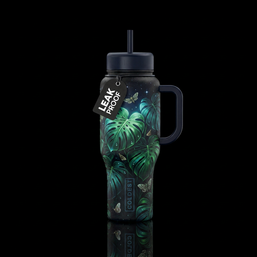 Midnight Greenhouse — black/navy background, glowi... water bottle design