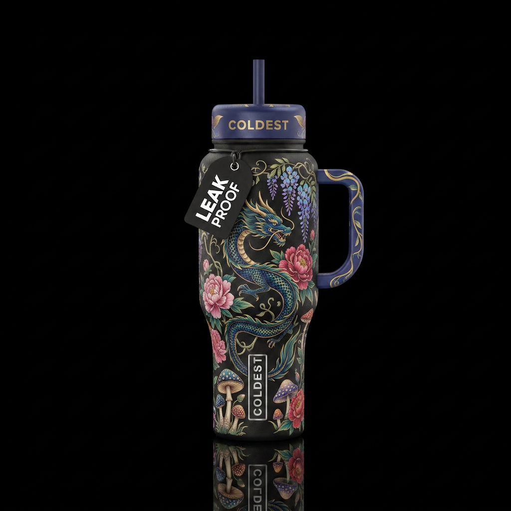 Dragon Garden — a long elegant dragon weaving thro... water bottle design