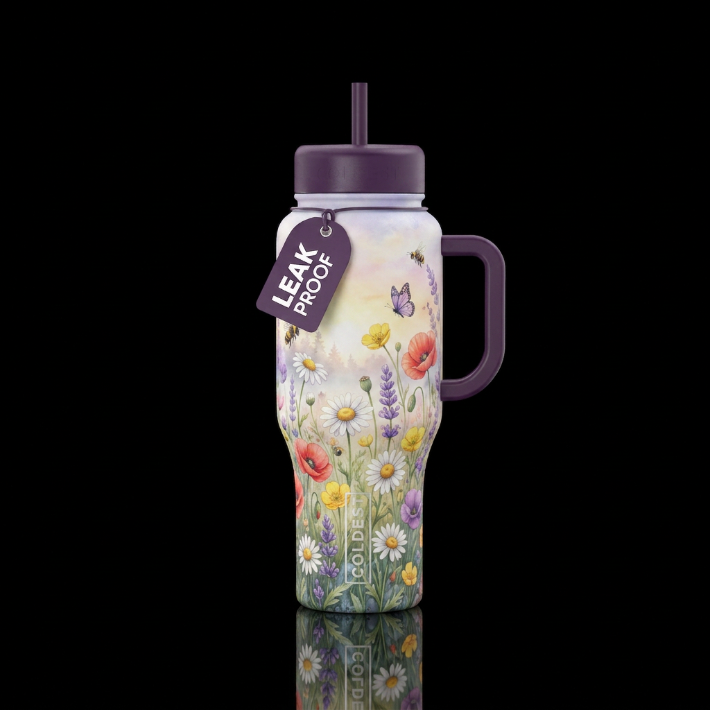 A dreamy spring wildflower meadow at sunrise fille... water bottle design