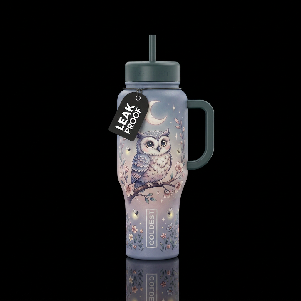 Design a cute owl-themed water bottle with a sweet... water bottle design