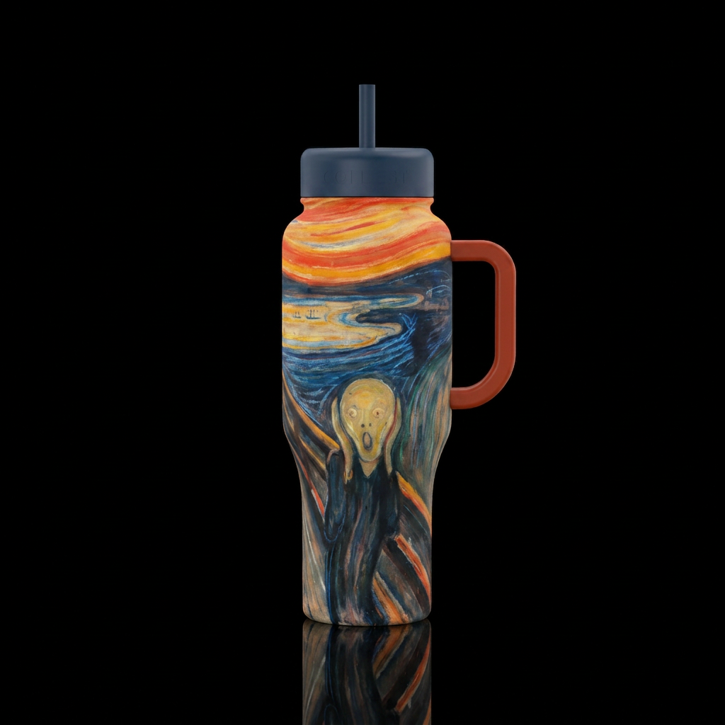 Make the bottle look like The Scream painting, by ... water bottle design