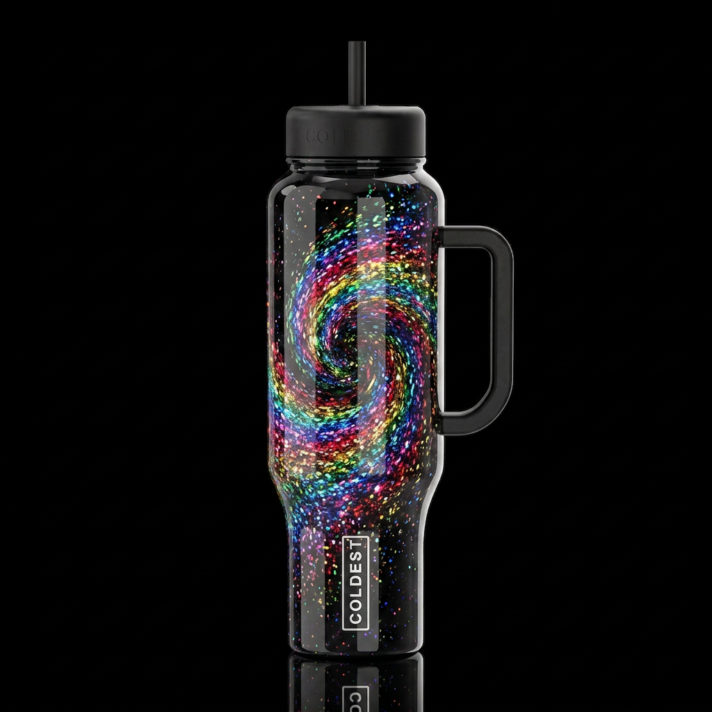 Make me a bottle with deep black in the background... water bottle design