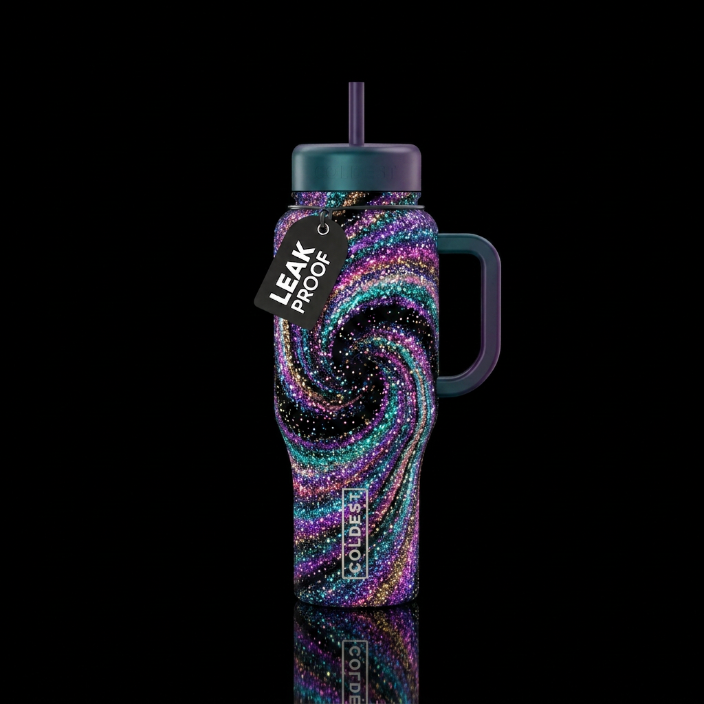 Make me a bottle with bright sparkly colors twirli... water bottle design