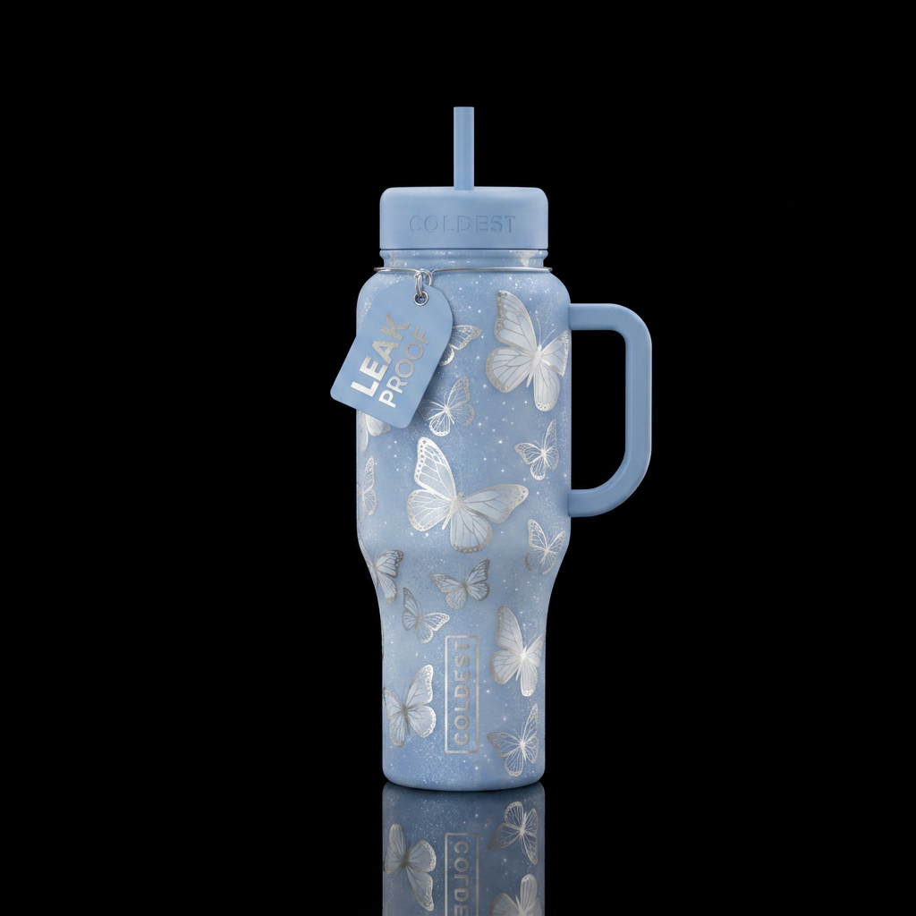 A soft blue background with white and silver butte... water bottle design