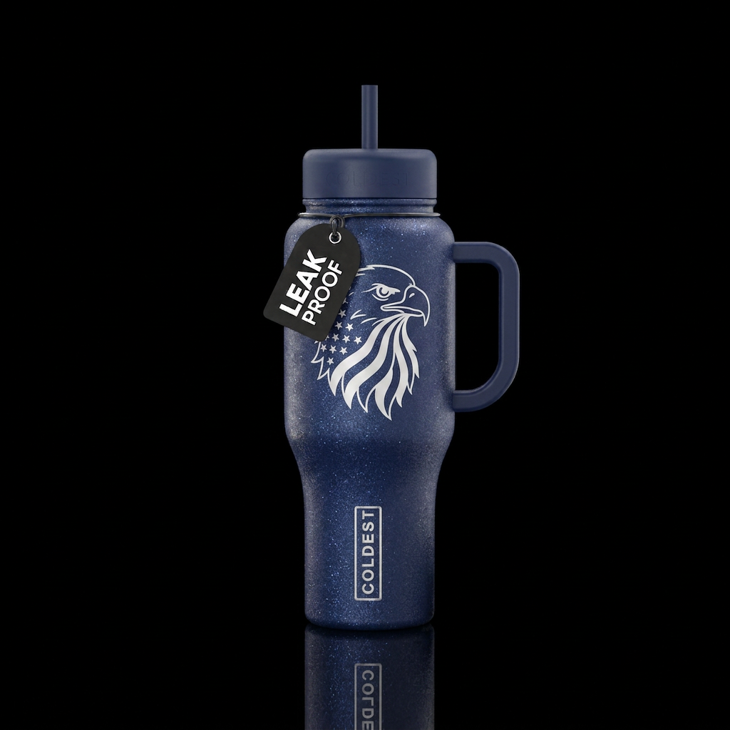 A simple white outline of a bald eagle head with t... water bottle design
