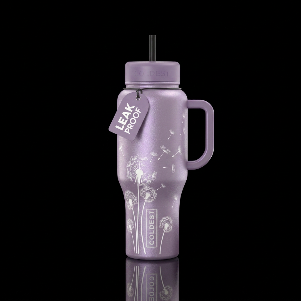 A shimmery, dusty lavender bottle with simple whit... water bottle design