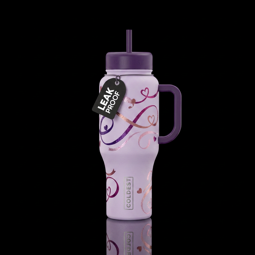 Pale lavender bottle with Swirly ribbons in deep p... water bottle design