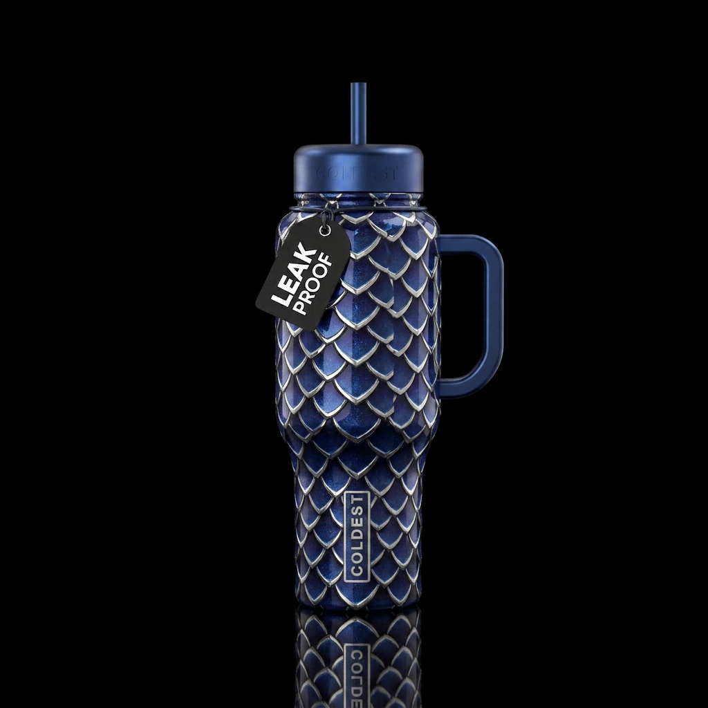 Dragon scale water bottle design in midnight blue,... water bottle design