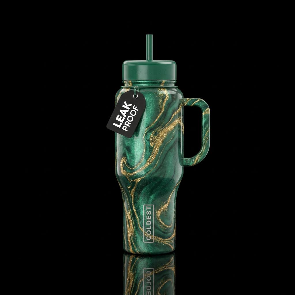 I want a shimmery, deep emerald green bottle with ... water bottle design