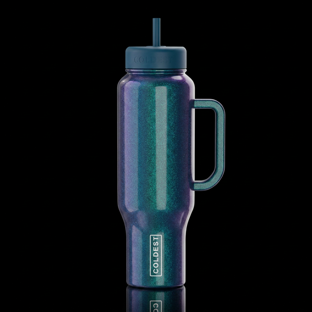 A shimmery deep peacock blue bottle with veins of ... water bottle design