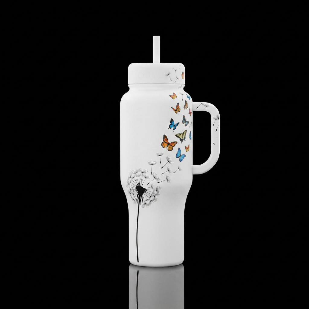 A matte white bottle with a black dandelion blowin... water bottle design