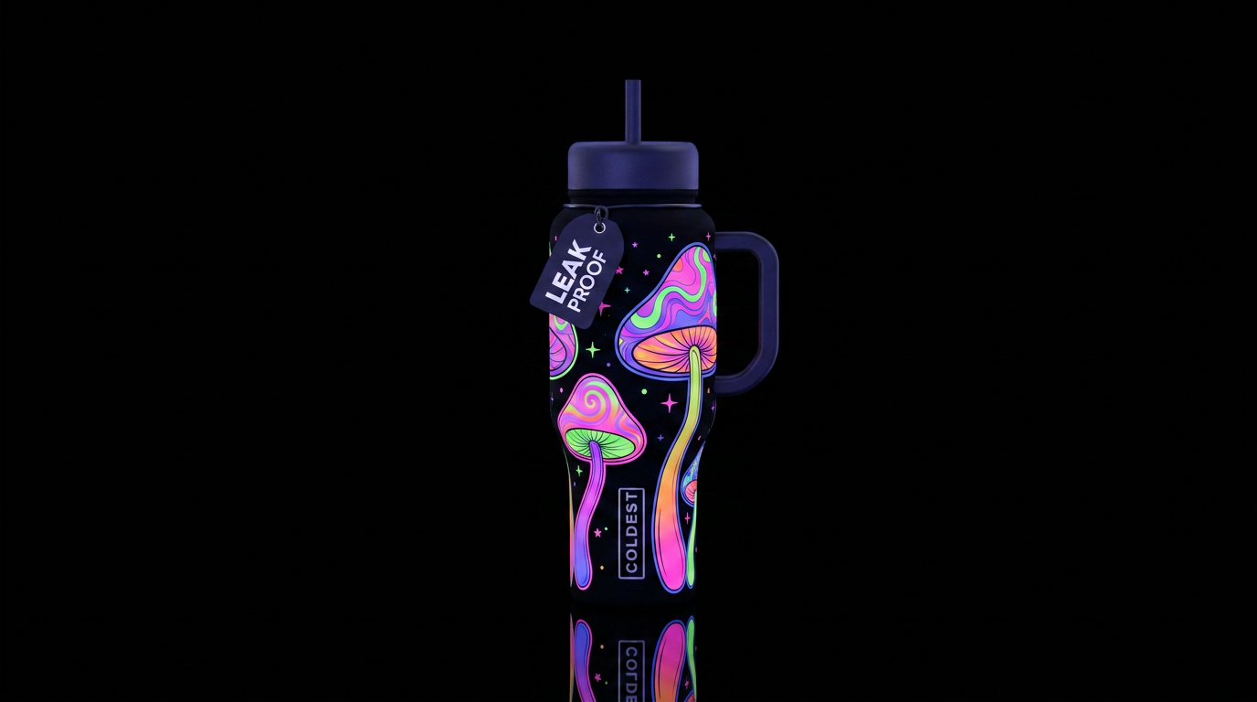 Matte black bottle with a continuous psychedelic m... water bottle design