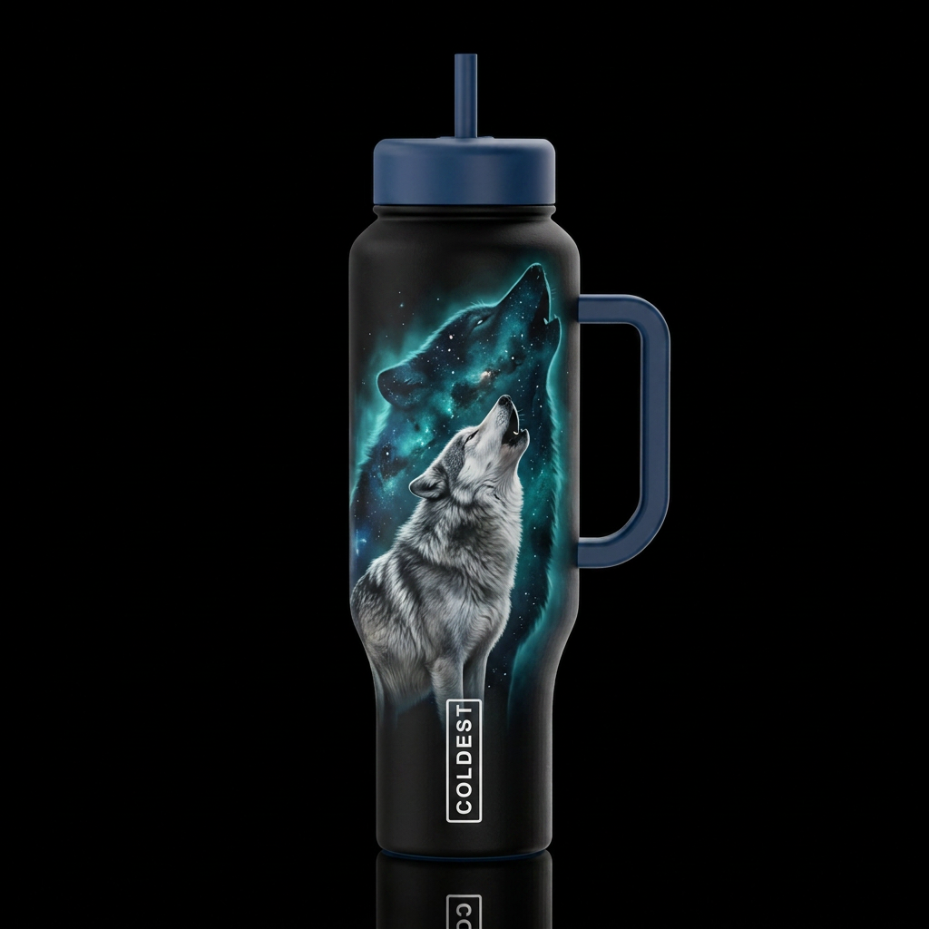 A dark wolf bottle with a realistic silver and gra... water bottle design