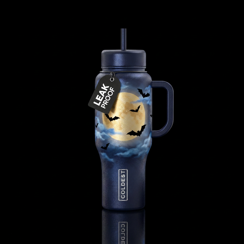 A shimmery, dark navy bottle with a giant moon beh... water bottle design