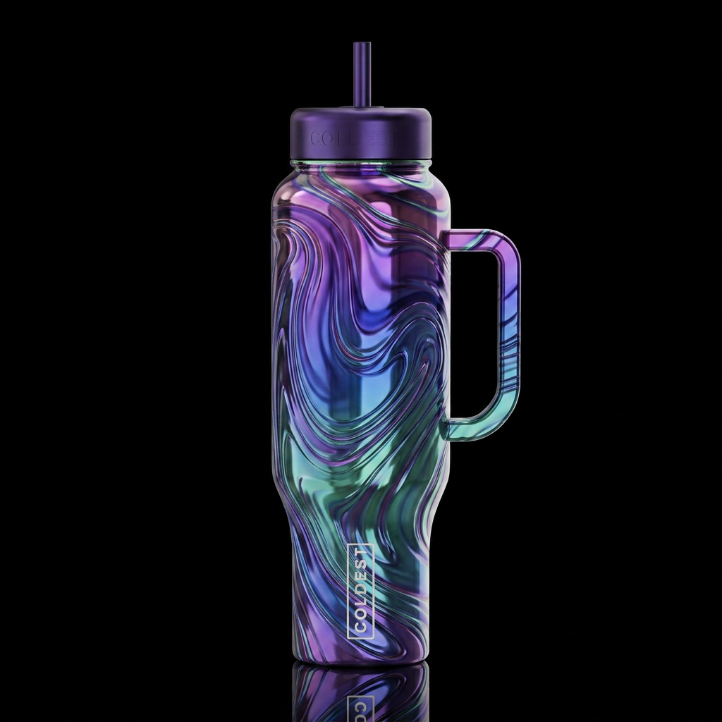 A black bottle with metallic rainbow oil-slick swi... water bottle design
