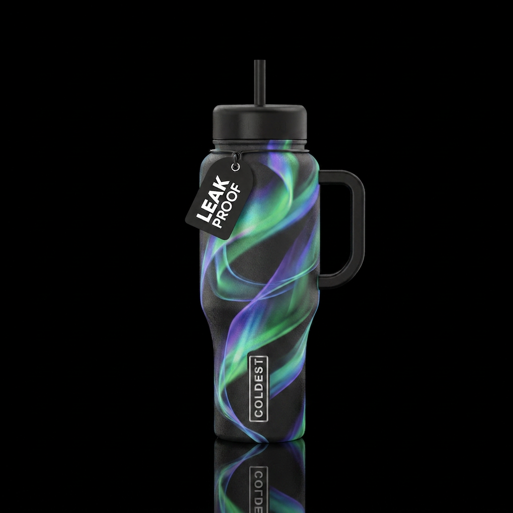 Black bottle with aurora-like ribbons wrapping aro... water bottle design