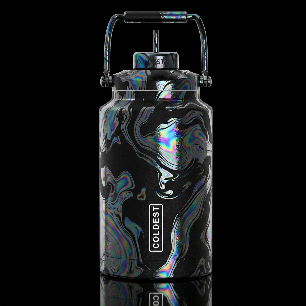 A black bottle with glossy oil spill puddle patter... water bottle design
