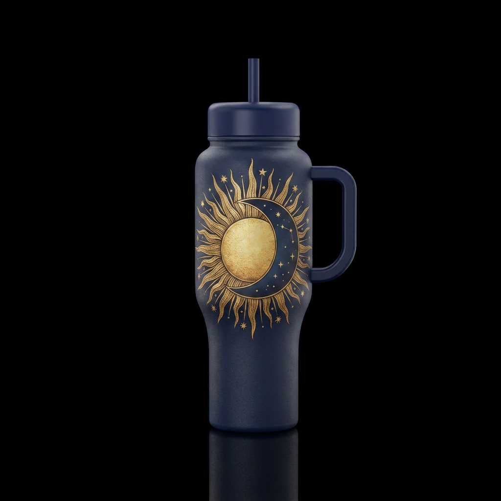 A dark navy bottle with a half sun/half moon desig... water bottle design