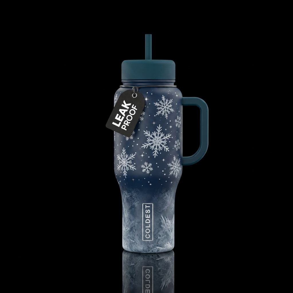 A deep navy bottle with soft white snowflakes in d... water bottle design