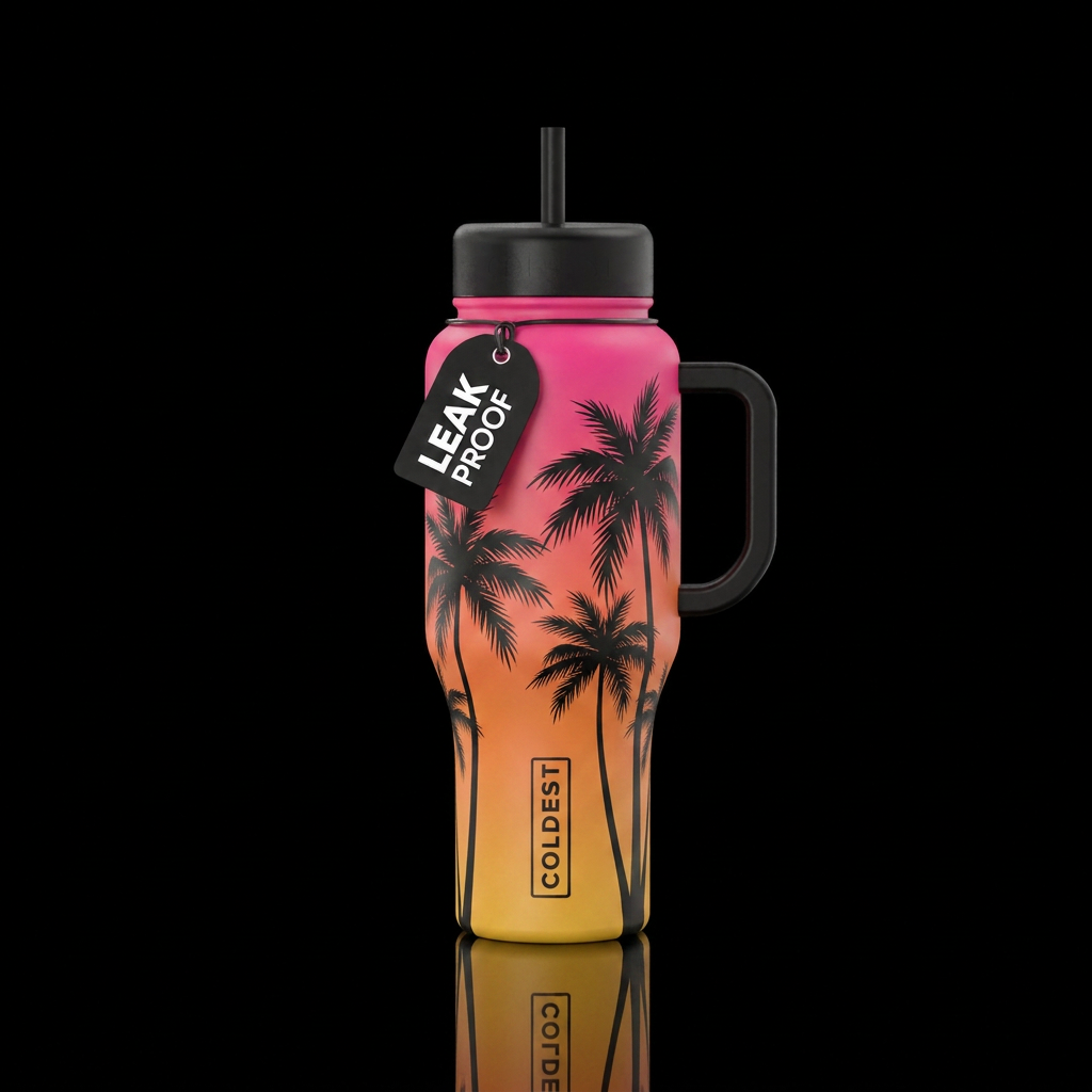 A sunset ombré bottle fading from hot pink to oran... water bottle design