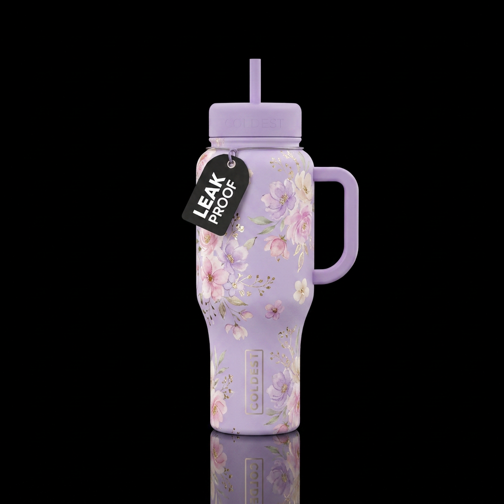 A lavender bottle covered in wispy watercolor flow... water bottle design