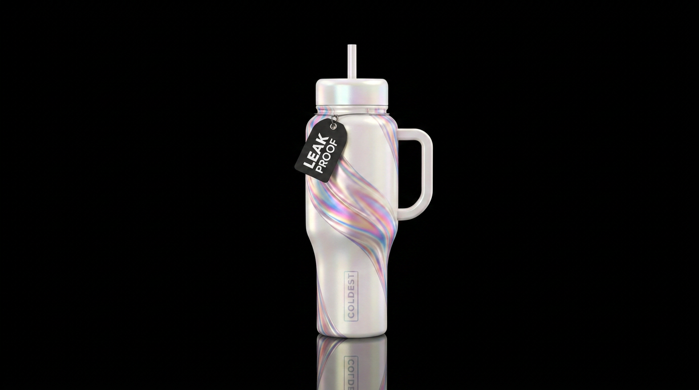 A pearl-white bottle with flowing iridescent ribbo... water bottle design
