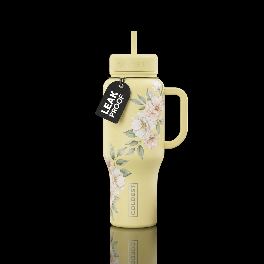 A pale yellow bottle with delicate white and blush... water bottle design