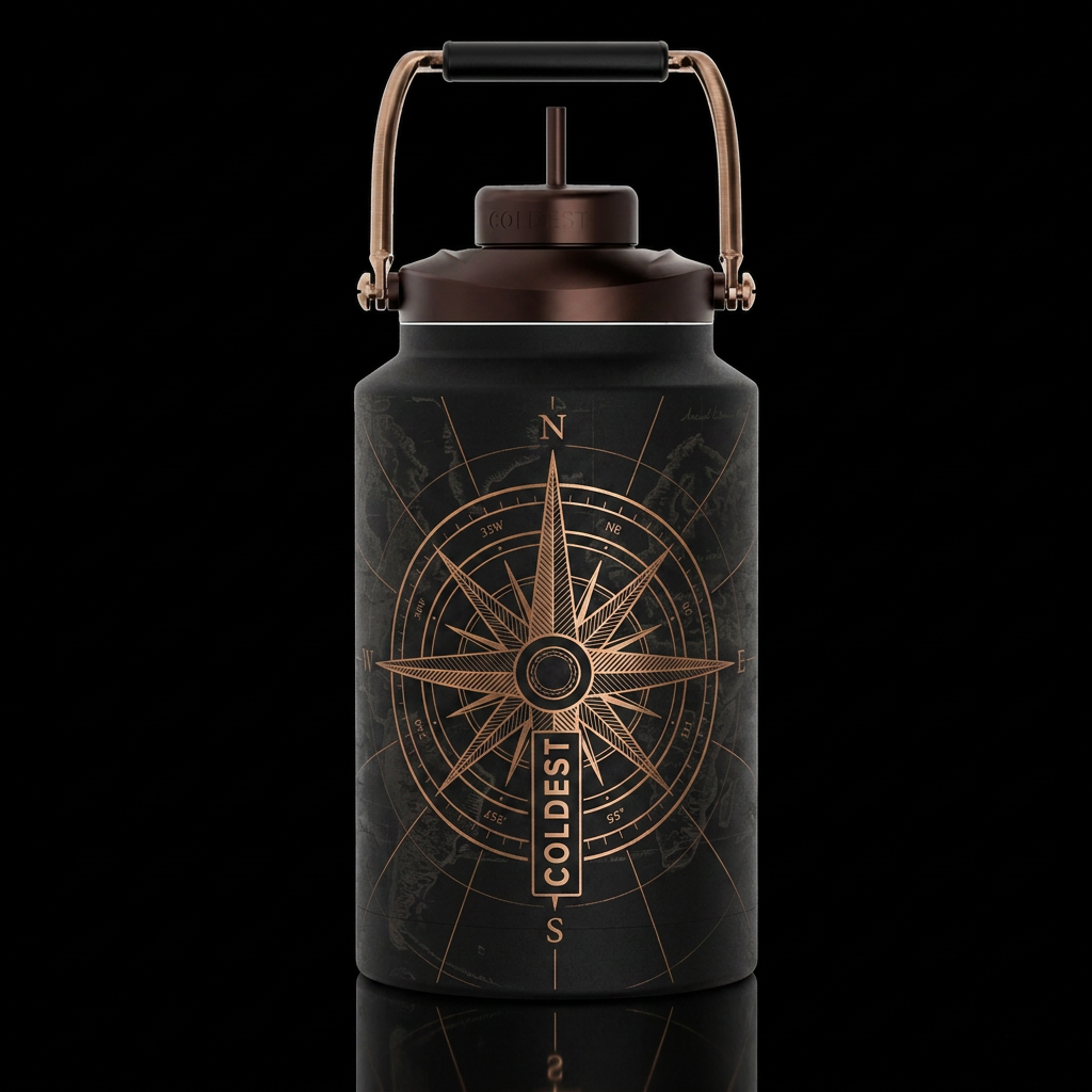 Black with bronze compass lines and a very faint m... water bottle design