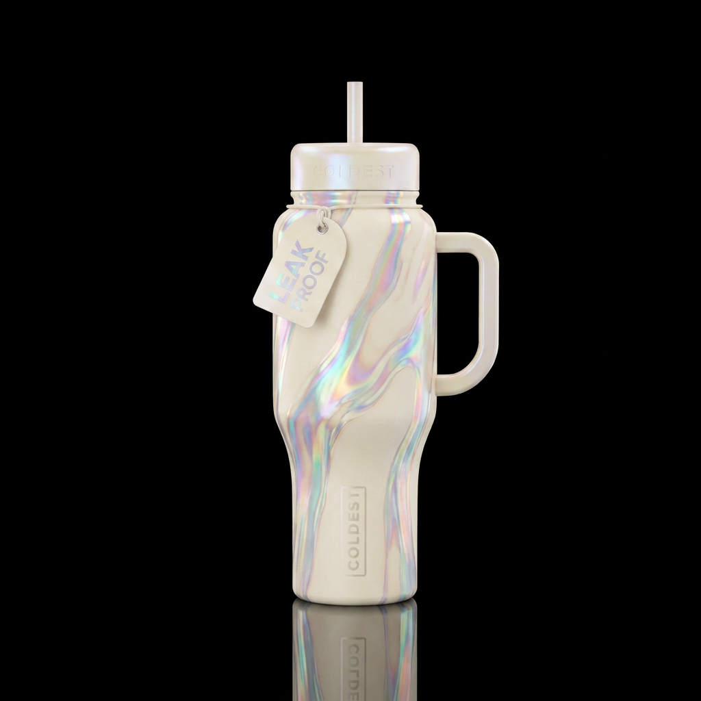 Molten Opal — creamy white base with flowing iride... water bottle design