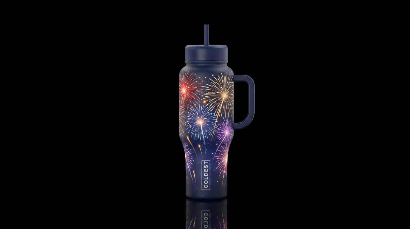 A dark midnight blue bottle with big colorful fire... water bottle design