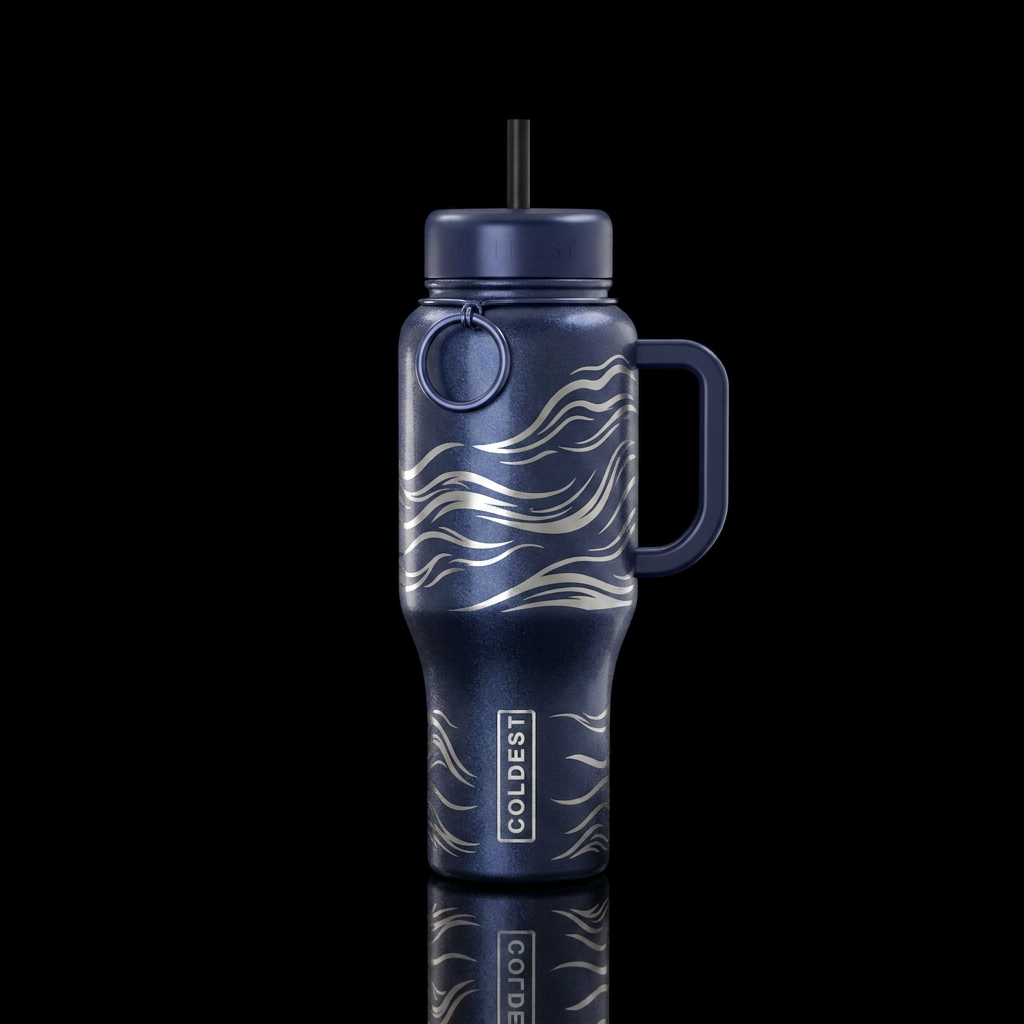 A shimmery, deep navy bottle with metallic silver ... water bottle design