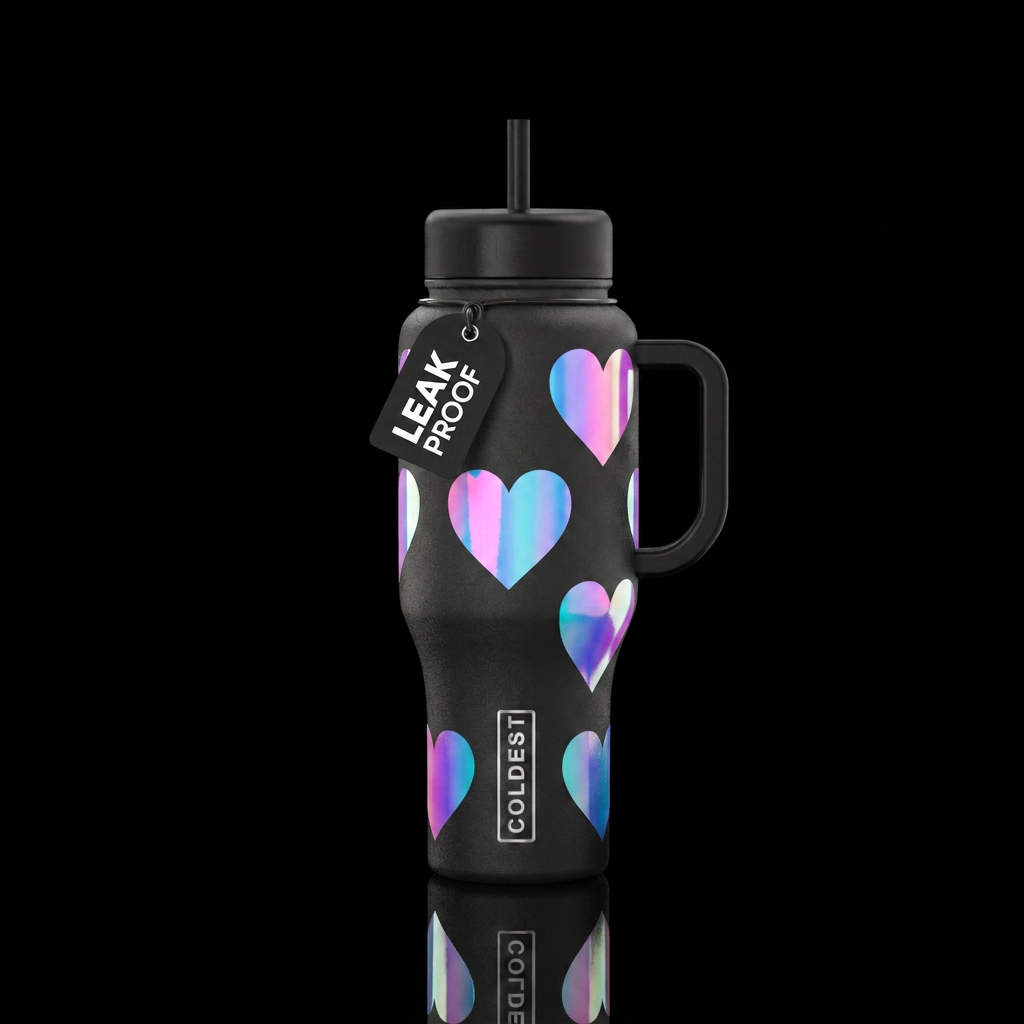 A matte black bottle with a few large holographic ... water bottle design