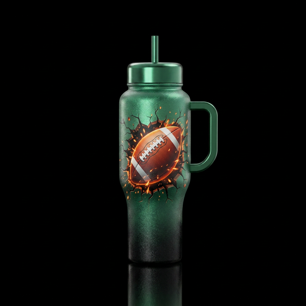 A shimmery black-to-deep-green bottle with a footb... water bottle design