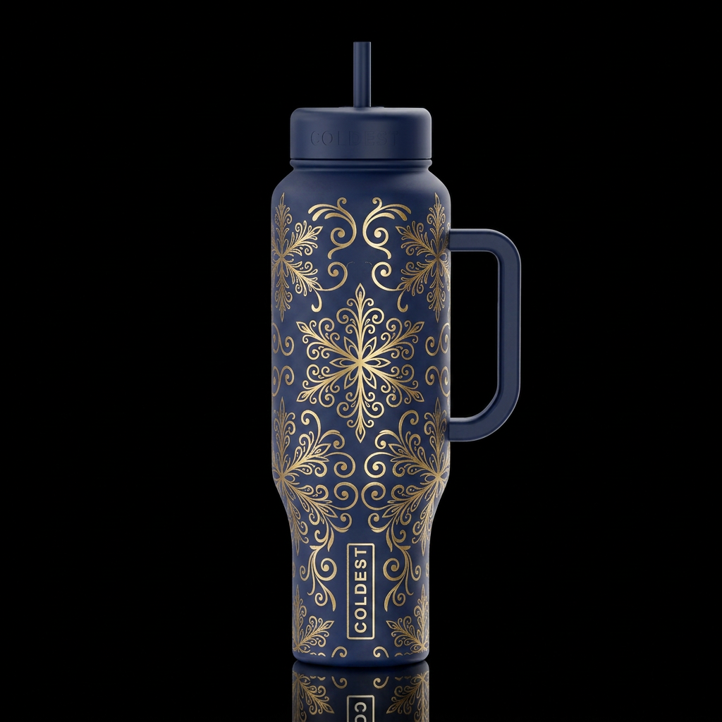 A deep navy water bottle covered in ornate gold fi... water bottle design