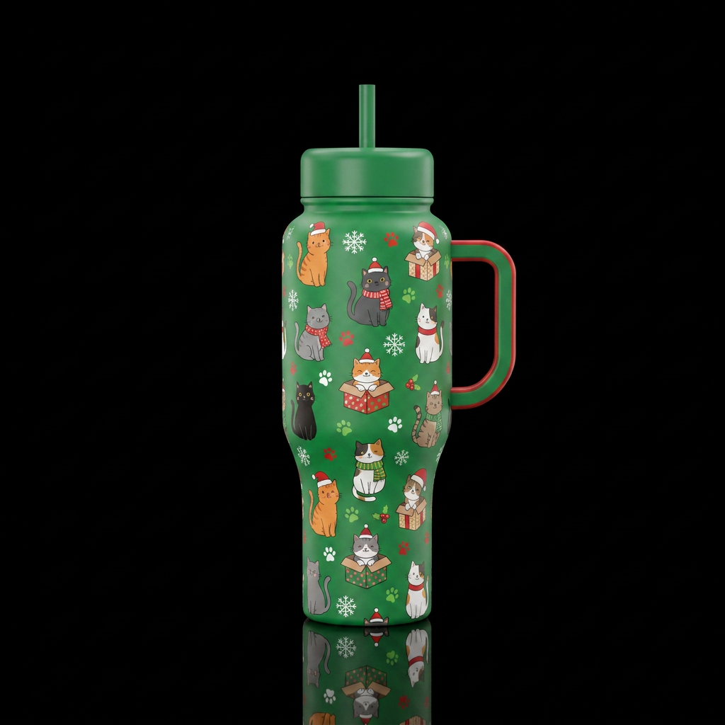 A green Christmas bottle covered in different colo... water bottle design