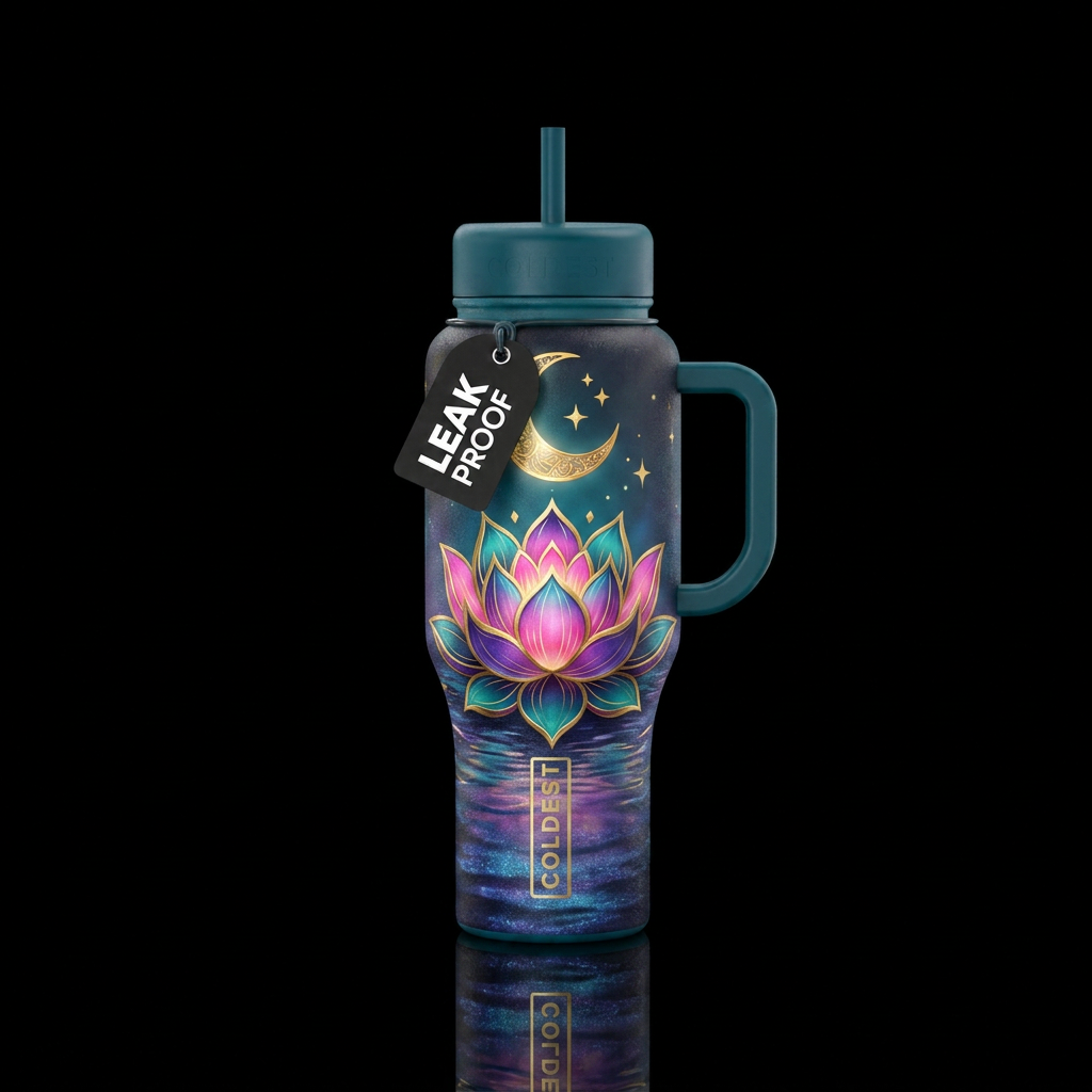 Midnight Lotus — A large glowing lotus flower in p... water bottle design