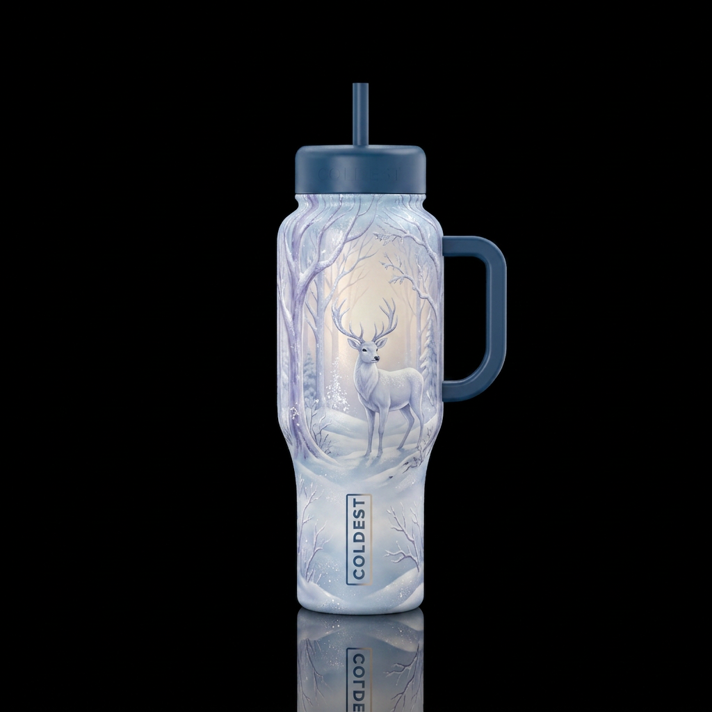 I want a soft icy blue winter forest with a white ... water bottle design