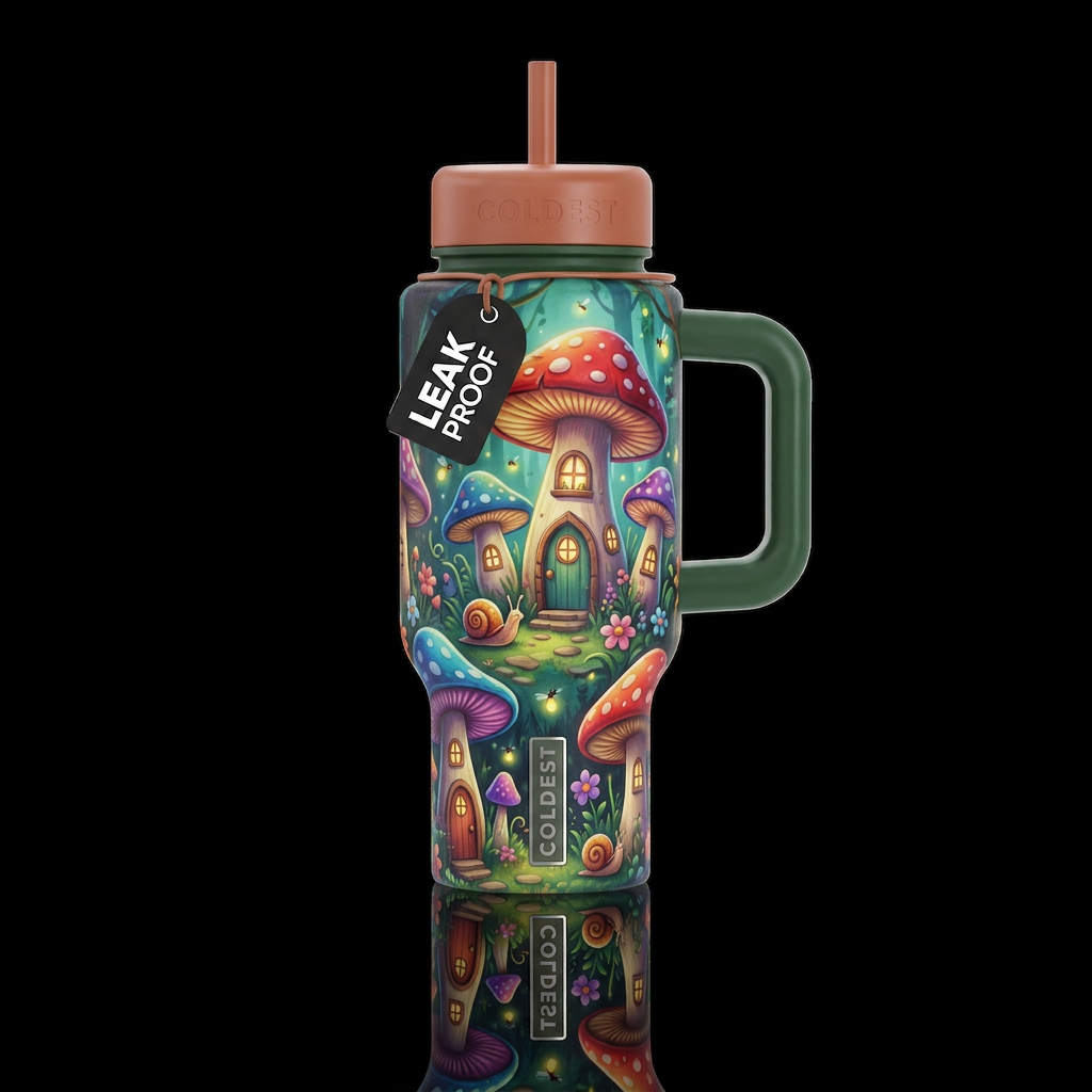 Funky Mushroom Village water bottle design