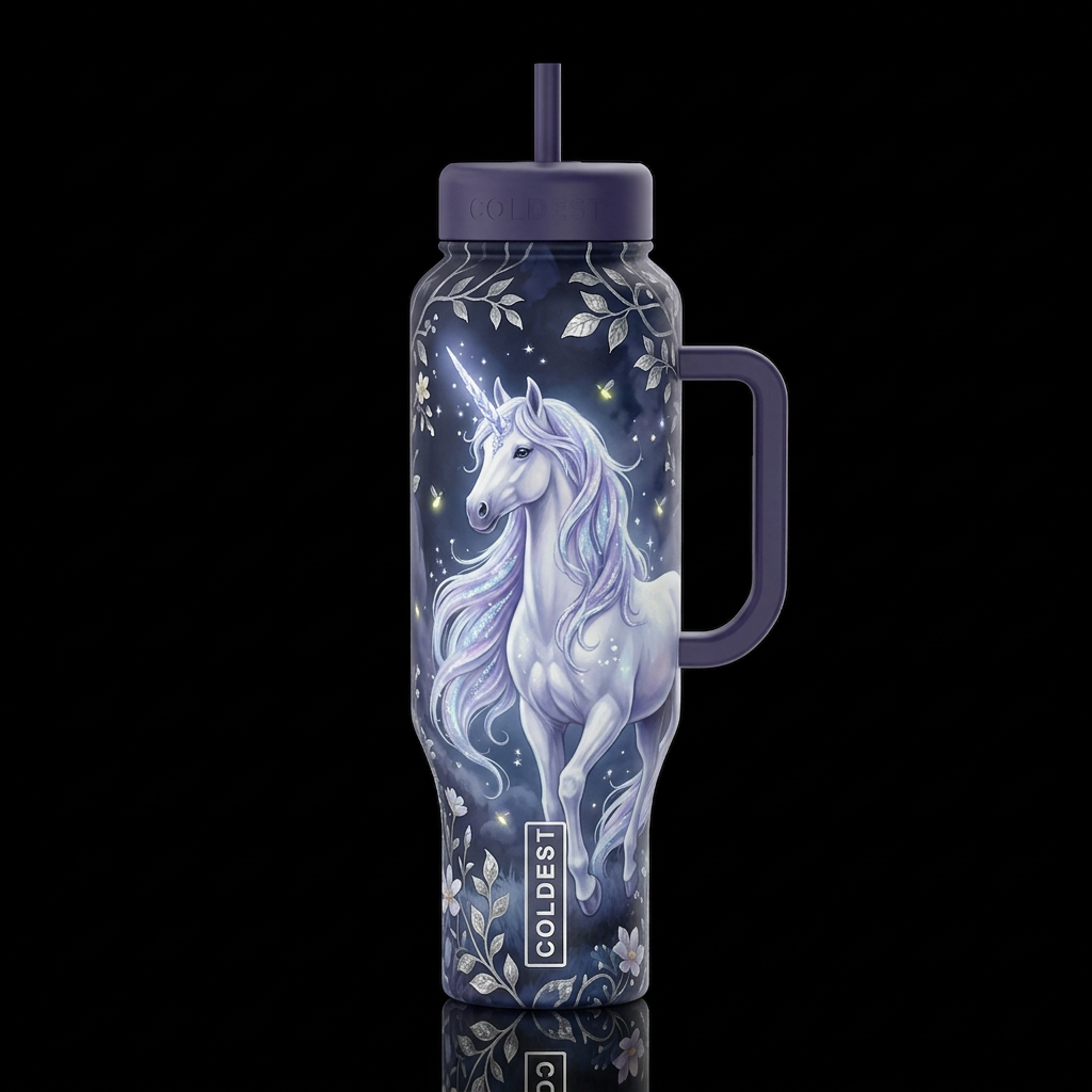 Moonlit Crystal Unicorn water bottle design