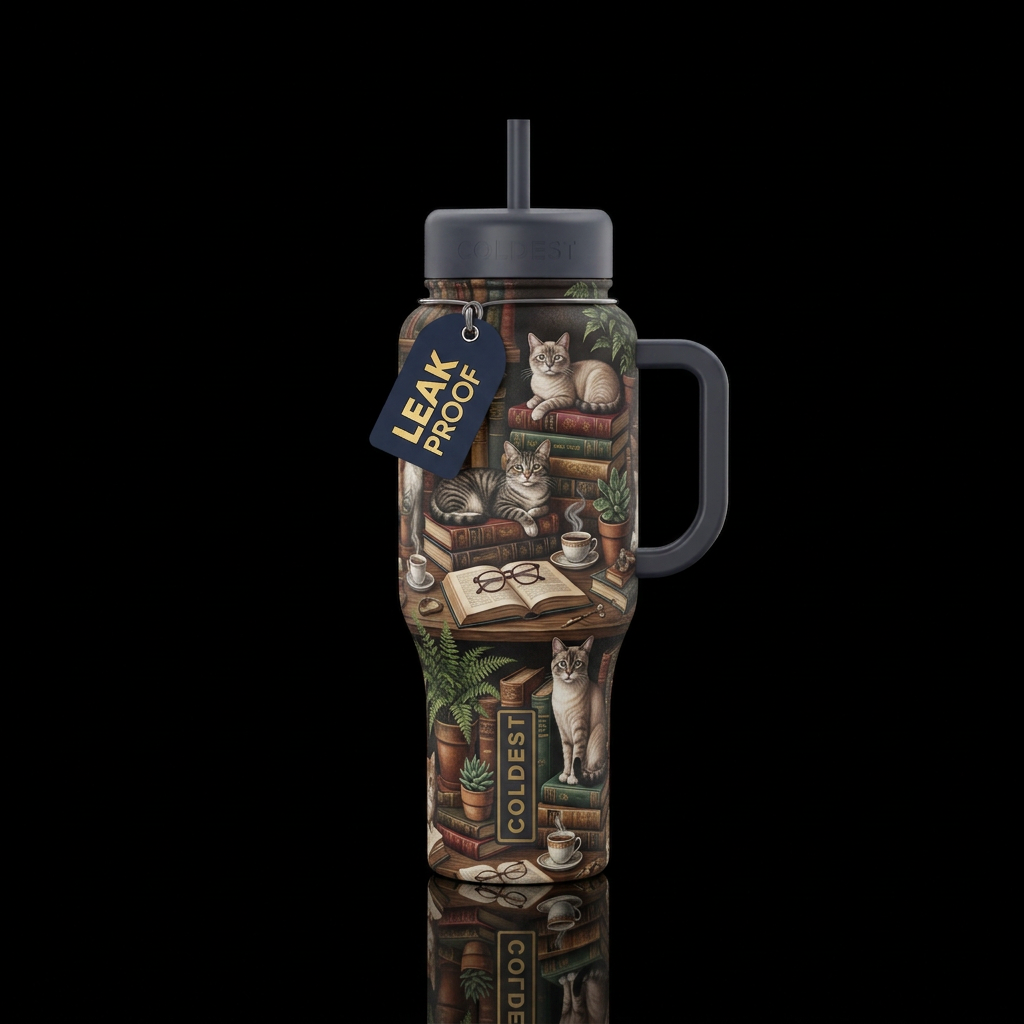 Bookstore Cat water bottle design