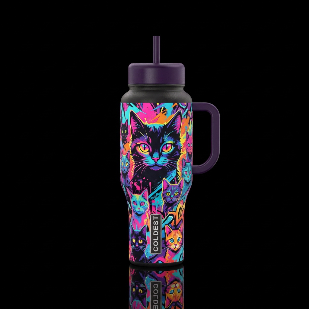 Neon Cat Chaos water bottle design