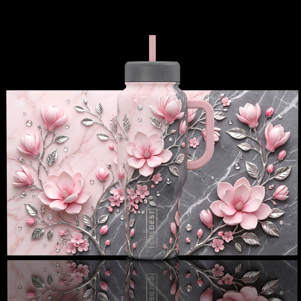 Blushing Silver Garden water bottle design