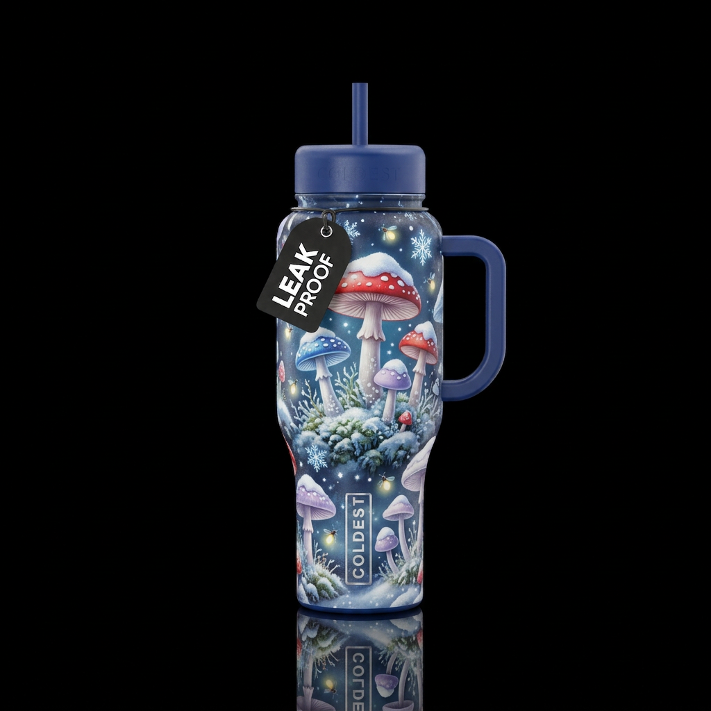 Snowy Mushrooms water bottle design