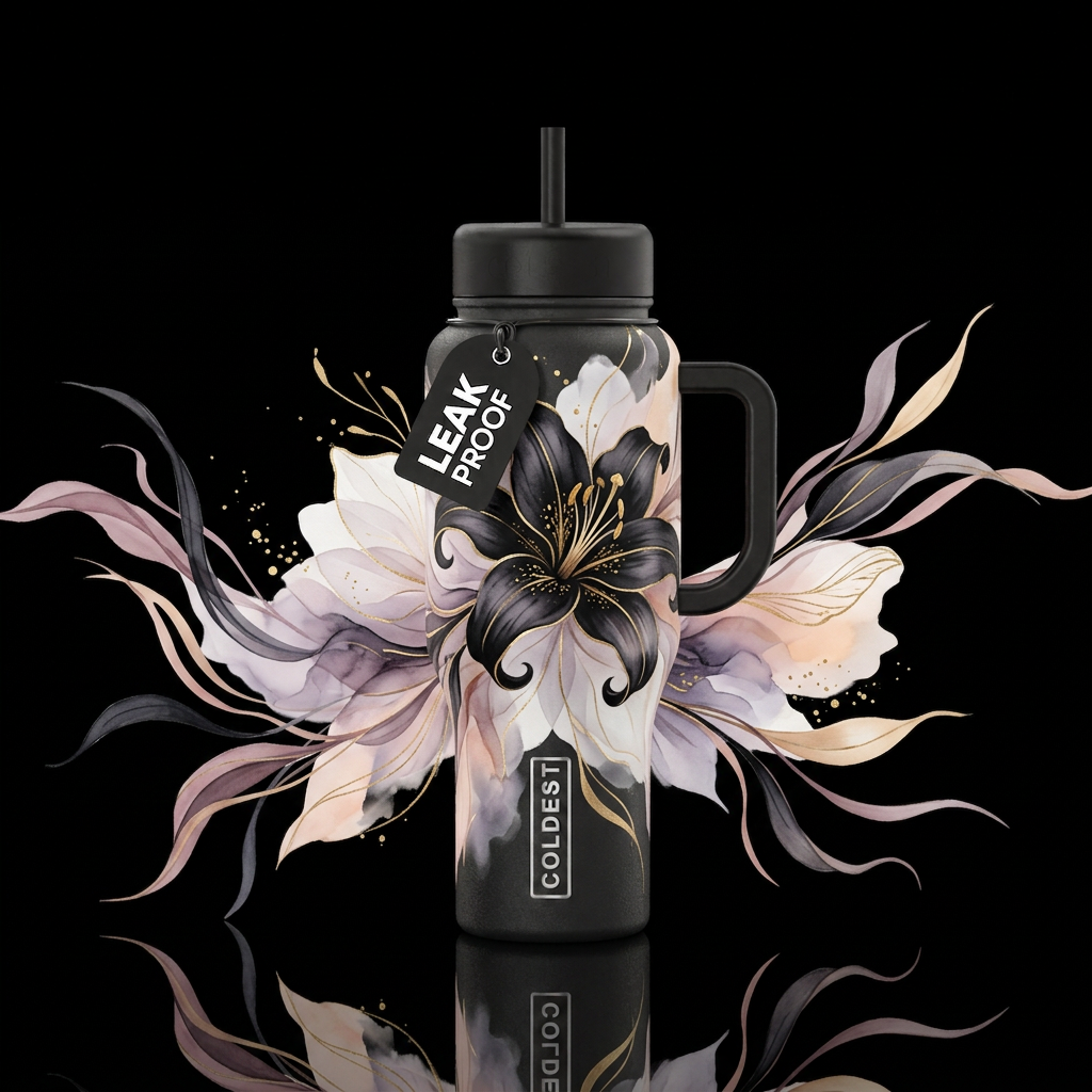 Gilded Midnight Lily water bottle design