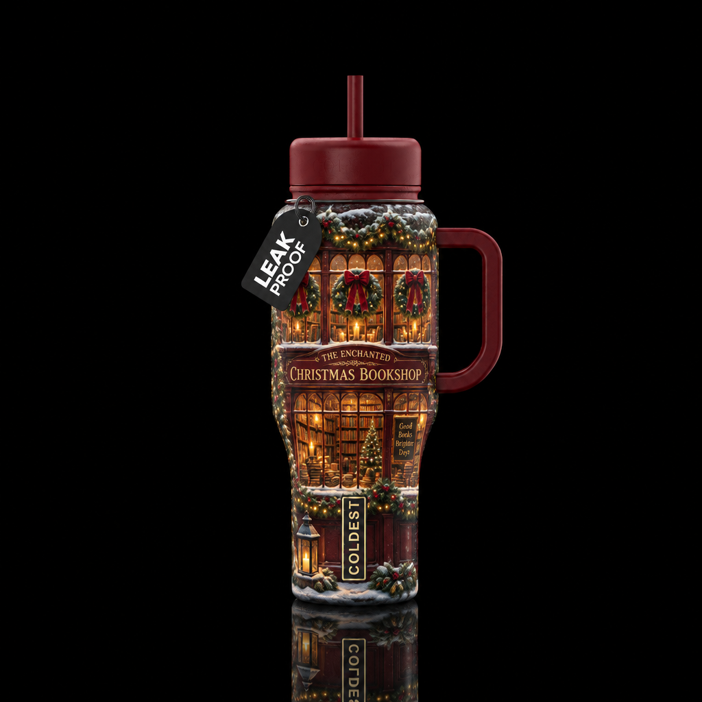 Enchanted Christmas Bookshop water bottle design