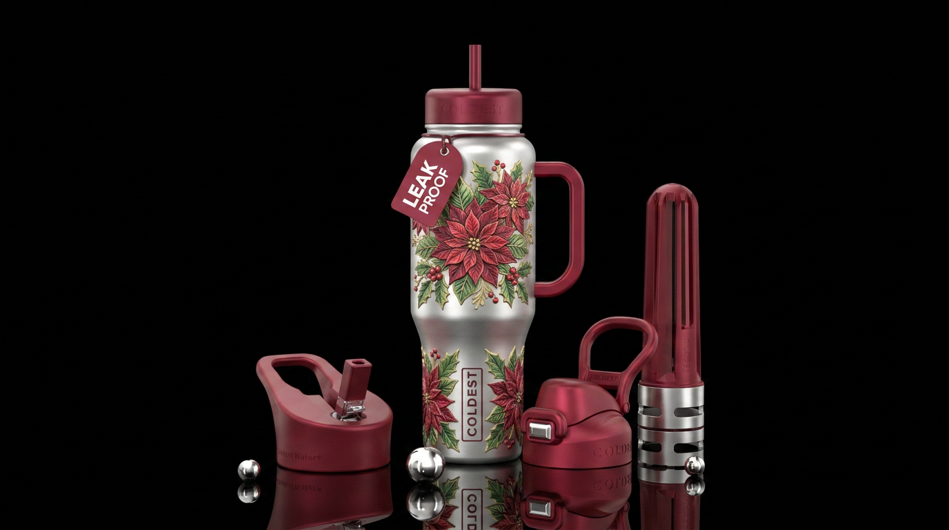 festive poinsettias water bottle design