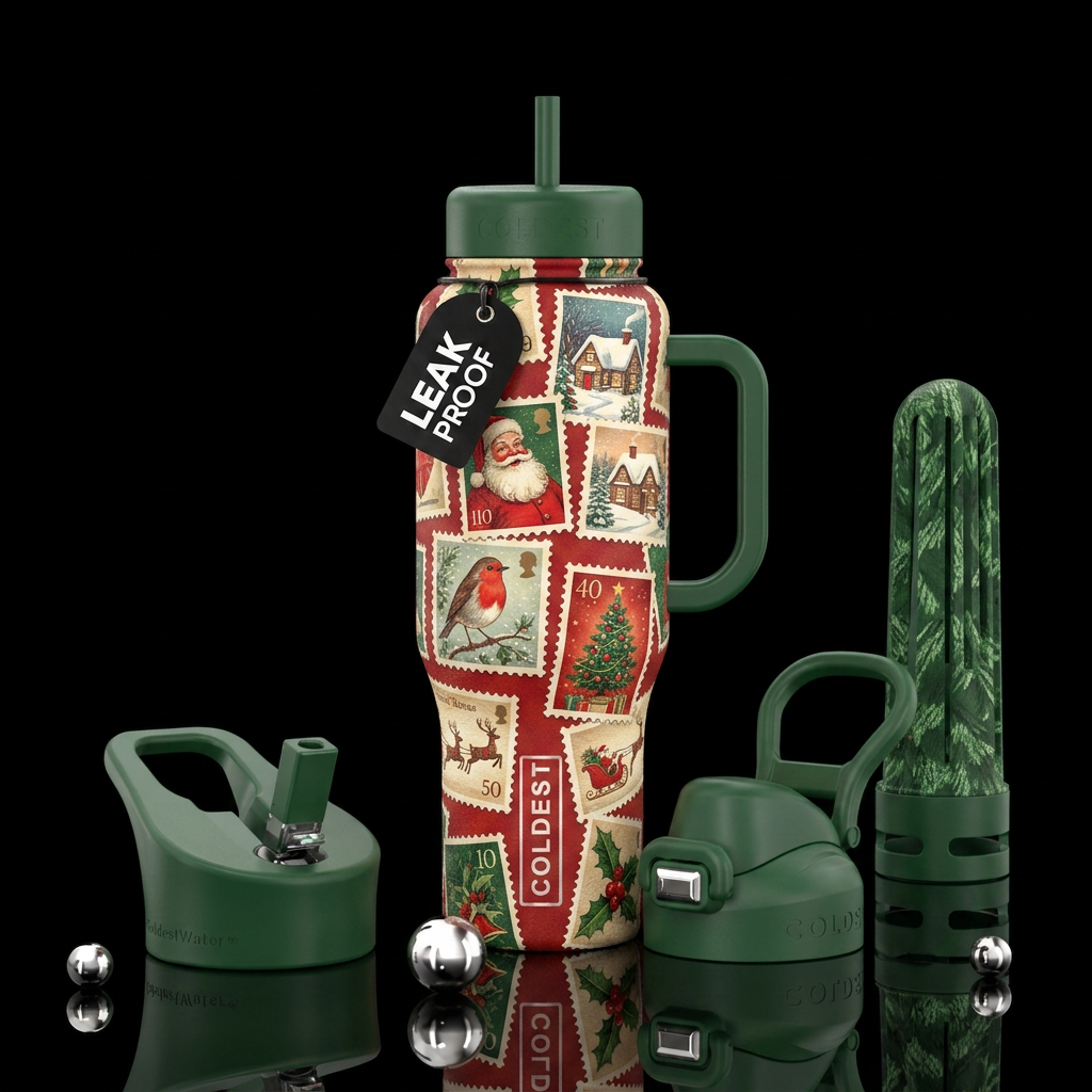 yuletide stamps water bottle design