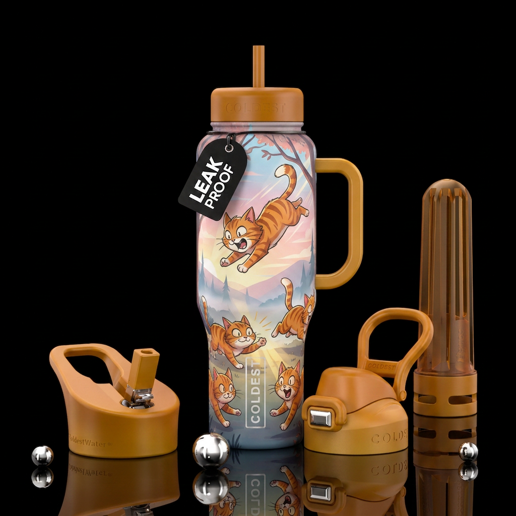 playful tabby water bottle design