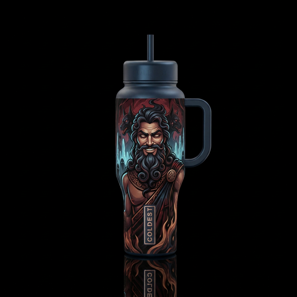 All Knowing Hades water bottle design